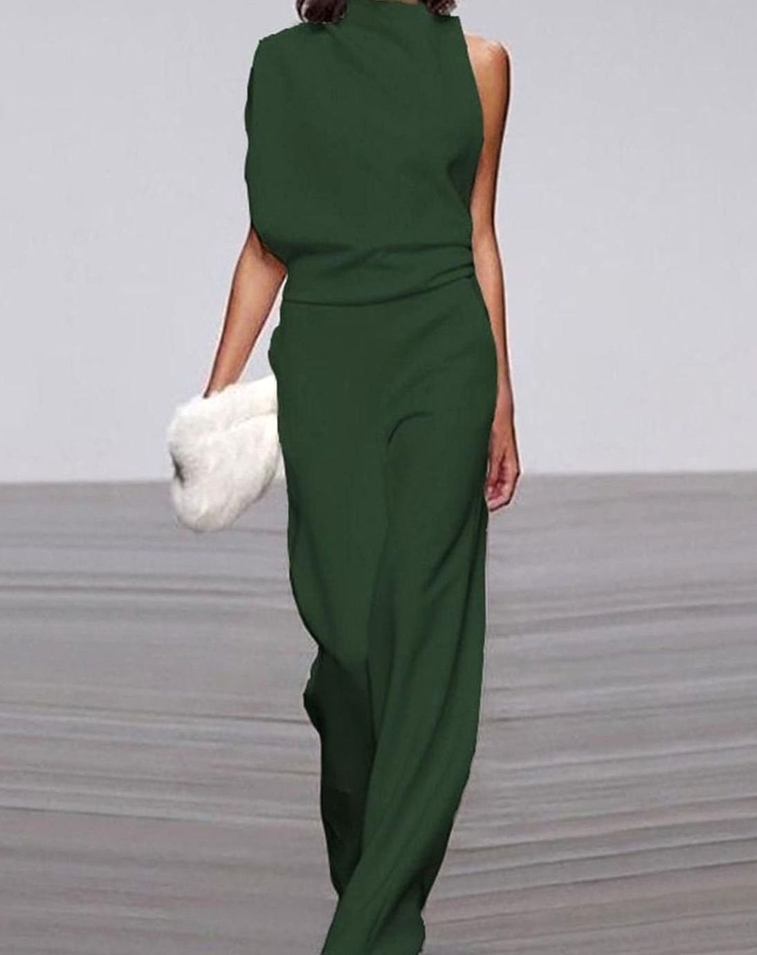 Women's High-Neck Asymmetric Shoulder Jumpsuit Wide-Leg Sleeveless - Green