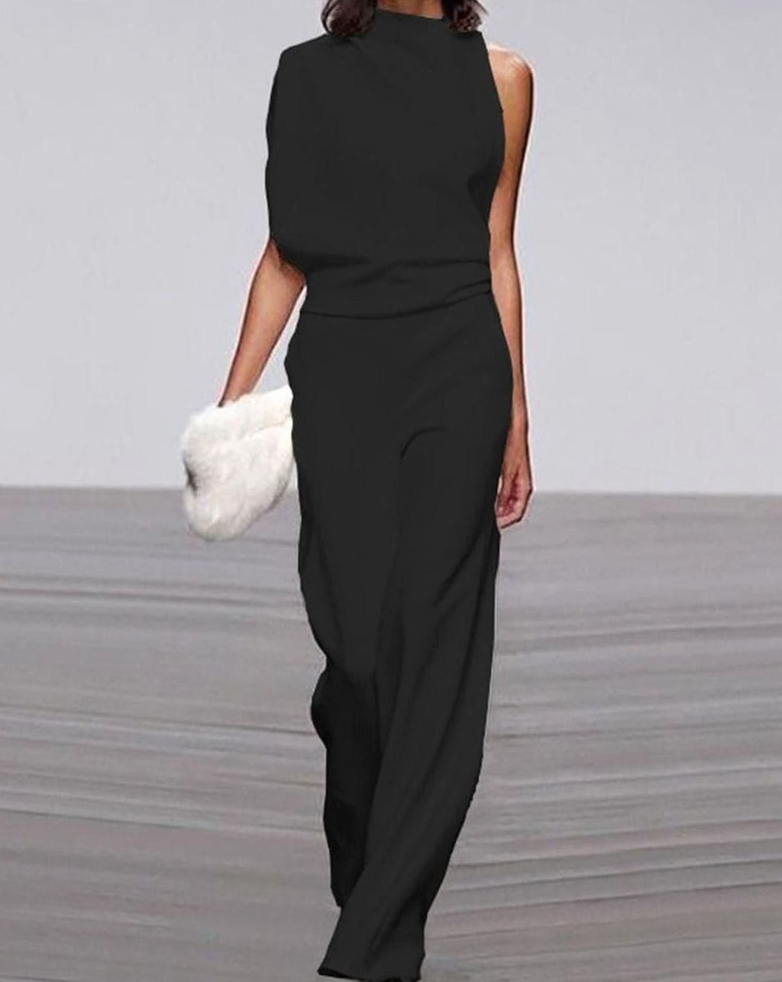 Women's High-Neck Asymmetric Shoulder Jumpsuit Wide-Leg Sleeveless - Black