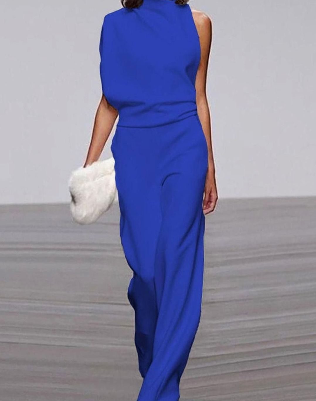 Women's High-Neck Asymmetric Shoulder Jumpsuit Wide-Leg Sleeveless - Blue