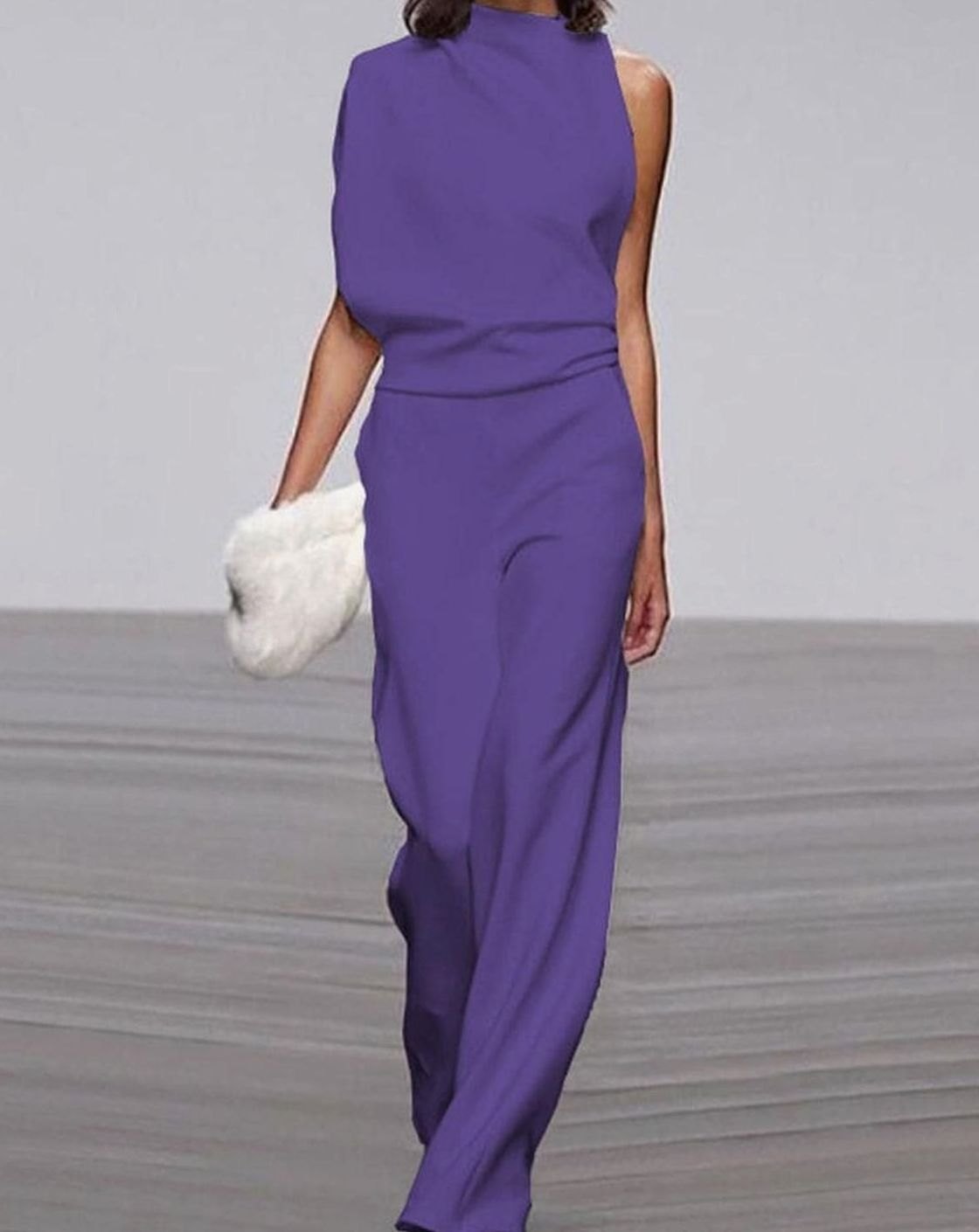 Women's High-Neck Asymmetric Shoulder Jumpsuit Wide-Leg Sleeveless - Purple