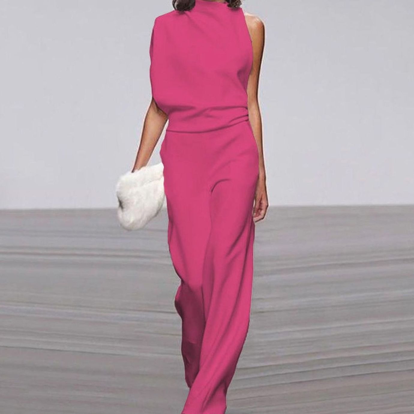 Women's High-Neck Asymmetric Shoulder Jumpsuit Wide-Leg Sleeveless - Fuchsia