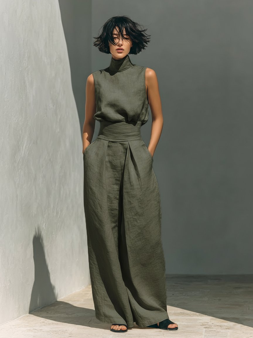 Women's High-Neck Sleeveless Wide-Leg Linen Blend Trouser Set - Army Green