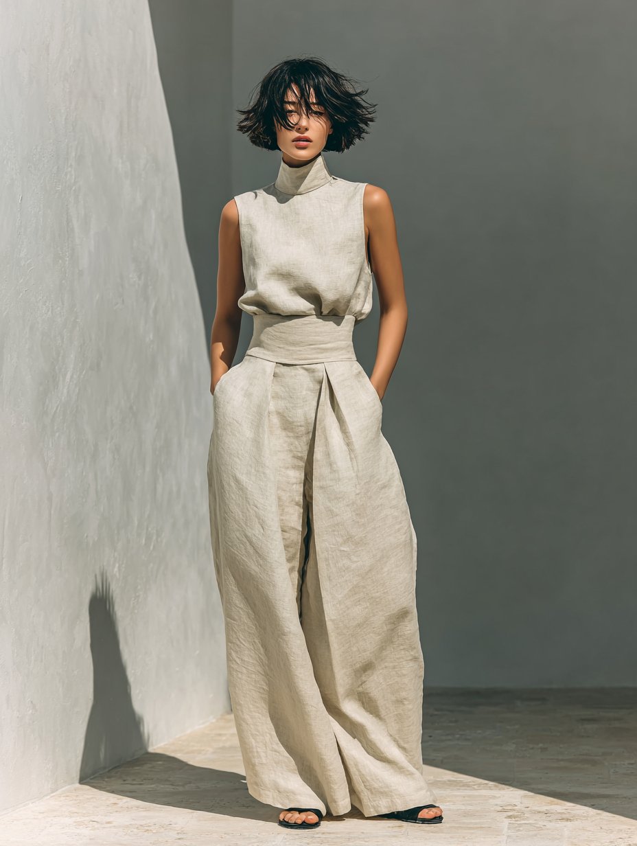Women's High-Neck Sleeveless Wide-Leg Linen Blend Trouser Set