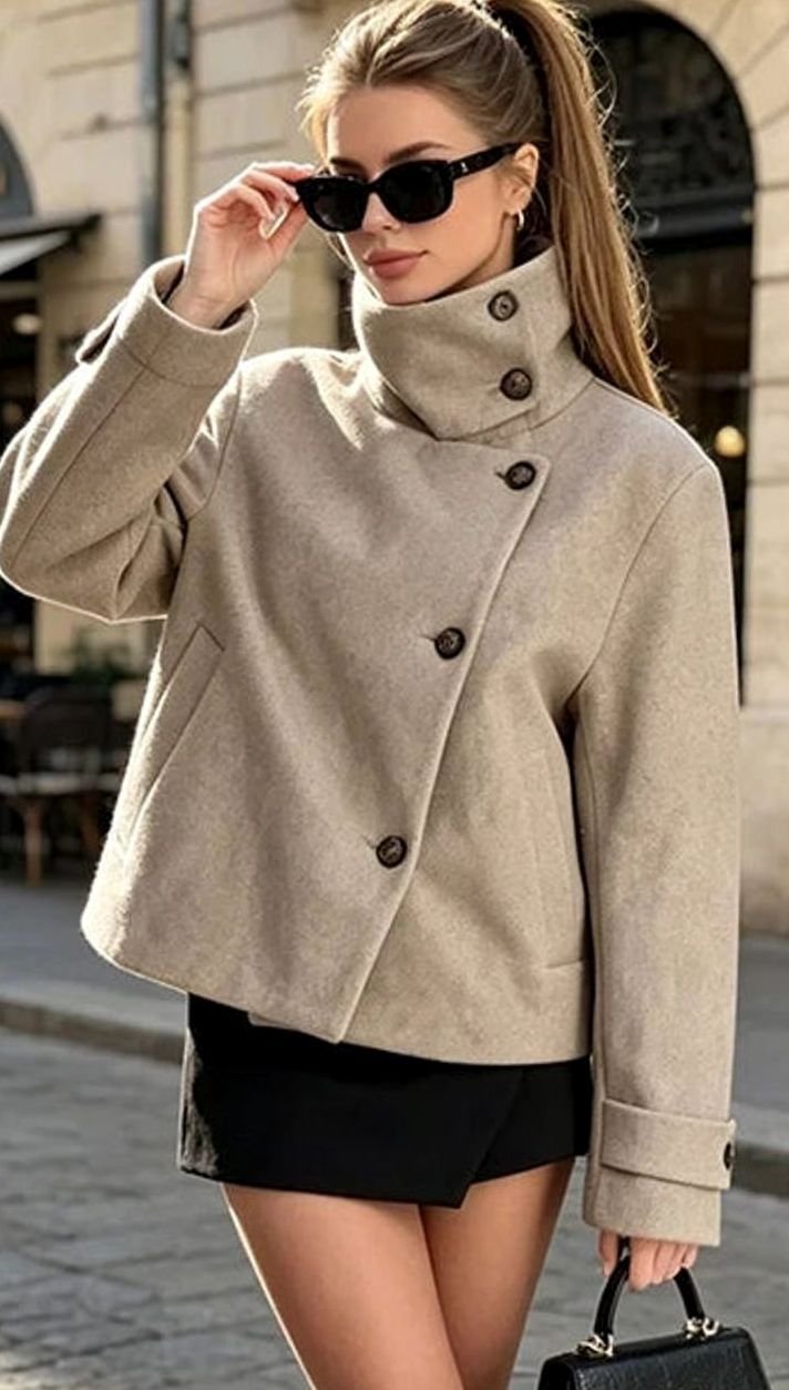 Women's High Neck Wool Blend Stand Collar Button Coat, Beige