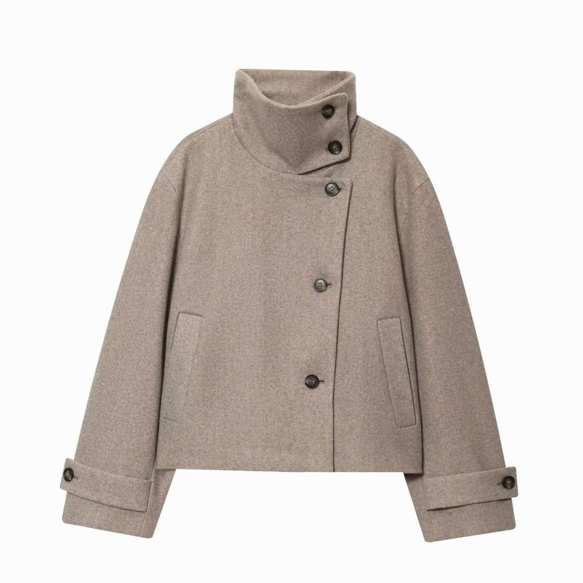 Women's High Neck Wool Blend Stand Collar Button Coat, Beige - Beige