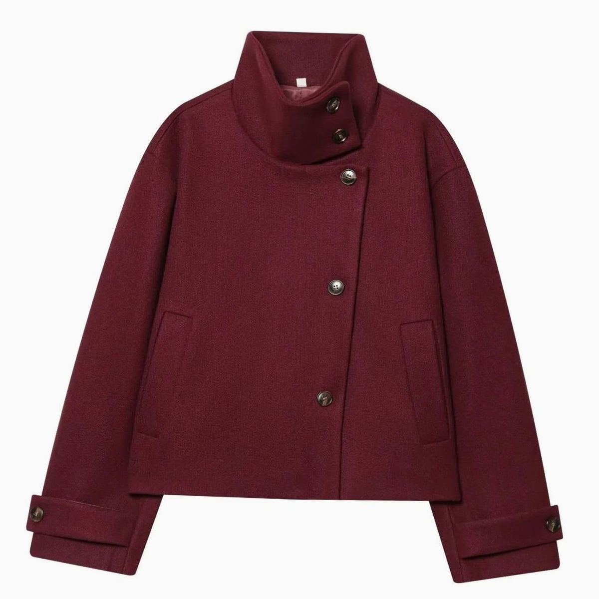 Women's High Neck Wool Blend Stand Collar Button Coat, Beige - Red