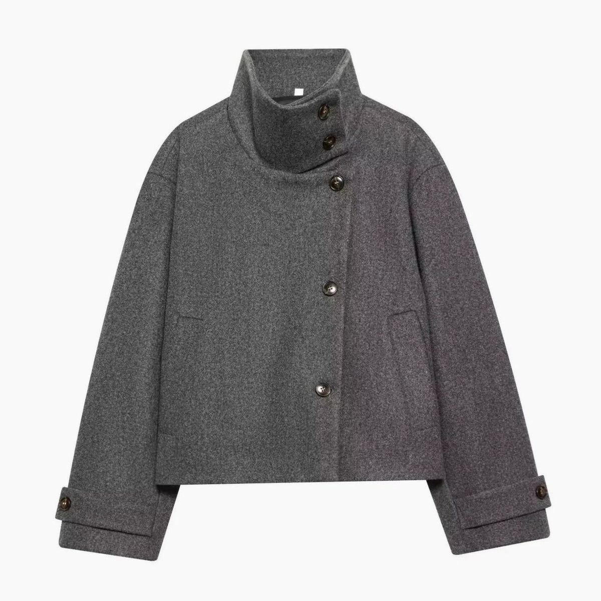 Women's High Neck Wool Blend Stand Collar Button Coat, Beige - Gray