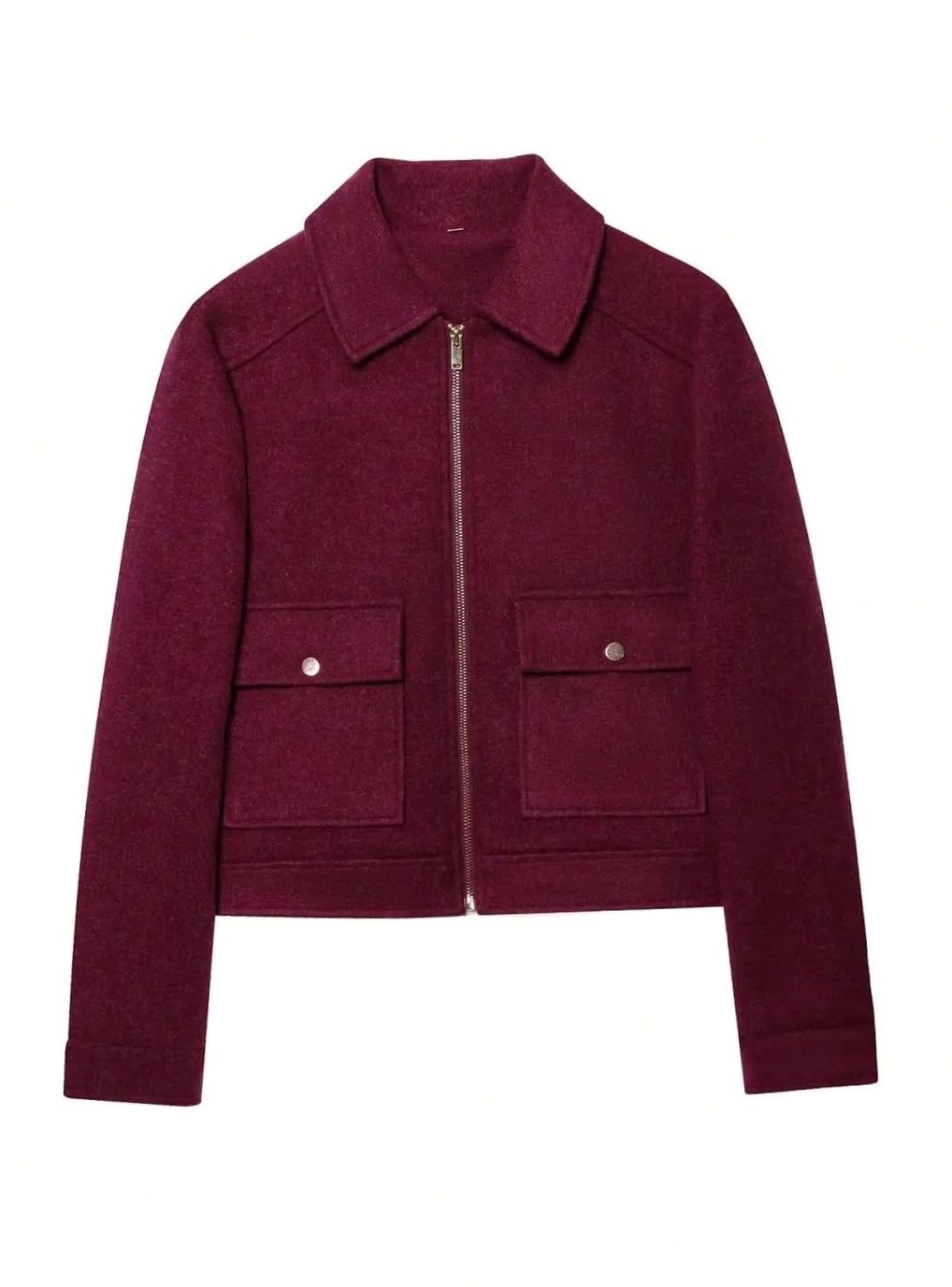 Women's High Neck Wool Blend Stand Collar Button Coat, Beige - Burgundy