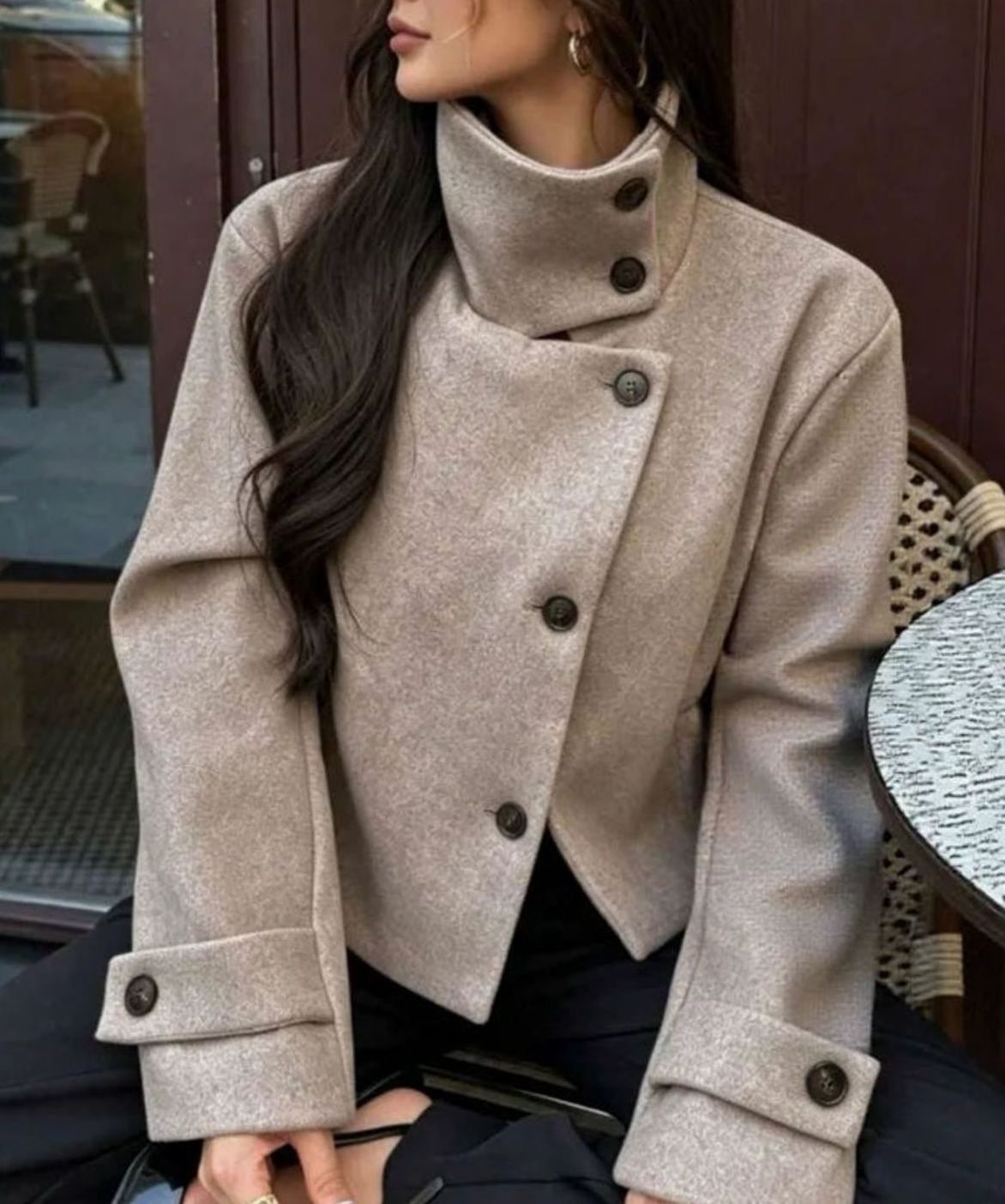 Women's High Neck Wool Blend Stand Collar Button Coat, Beige