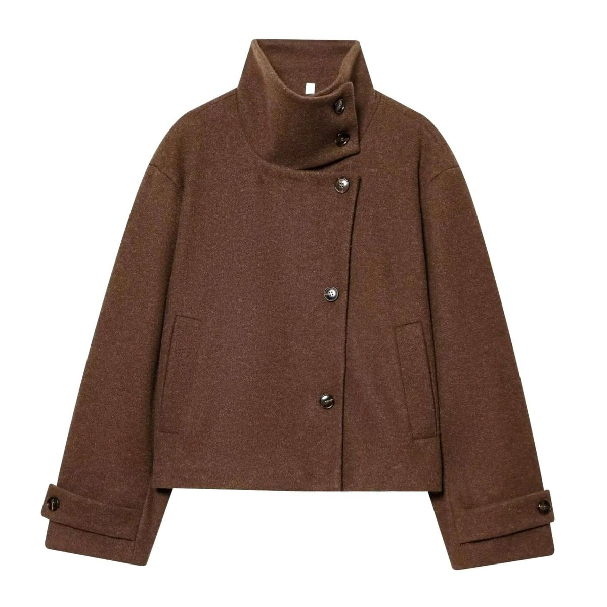 Women's High Neck Wool Blend Stand Collar Button Coat, Beige