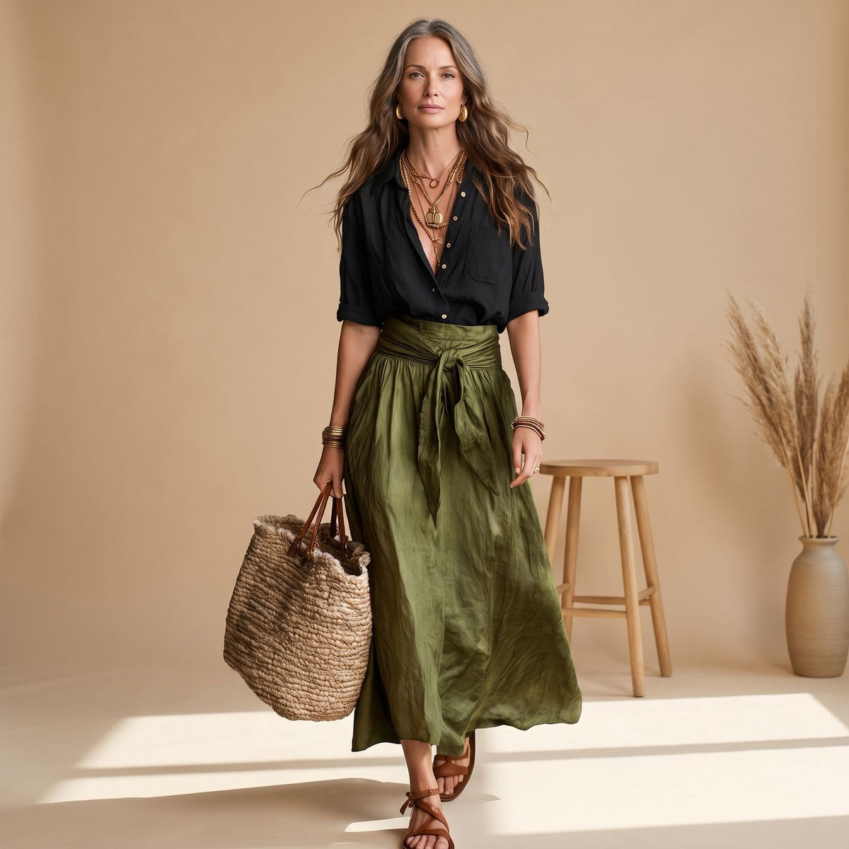 Women's High-Waist Belted Midi Skirt Shirt Coord Set