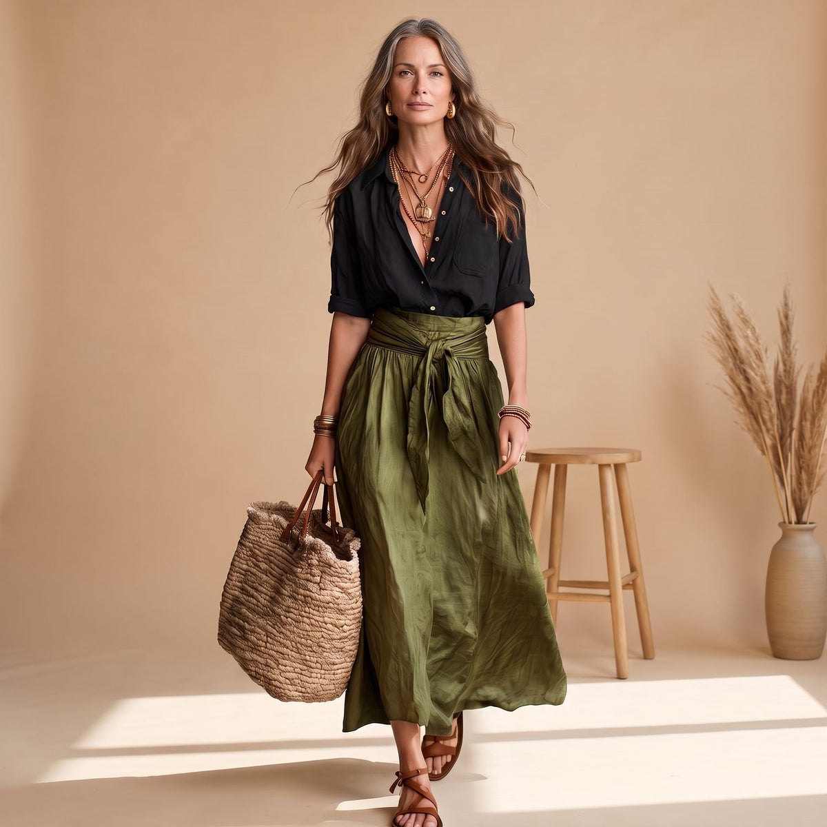 Women's High-Waist Belted Midi Skirt Shirt Coord Set