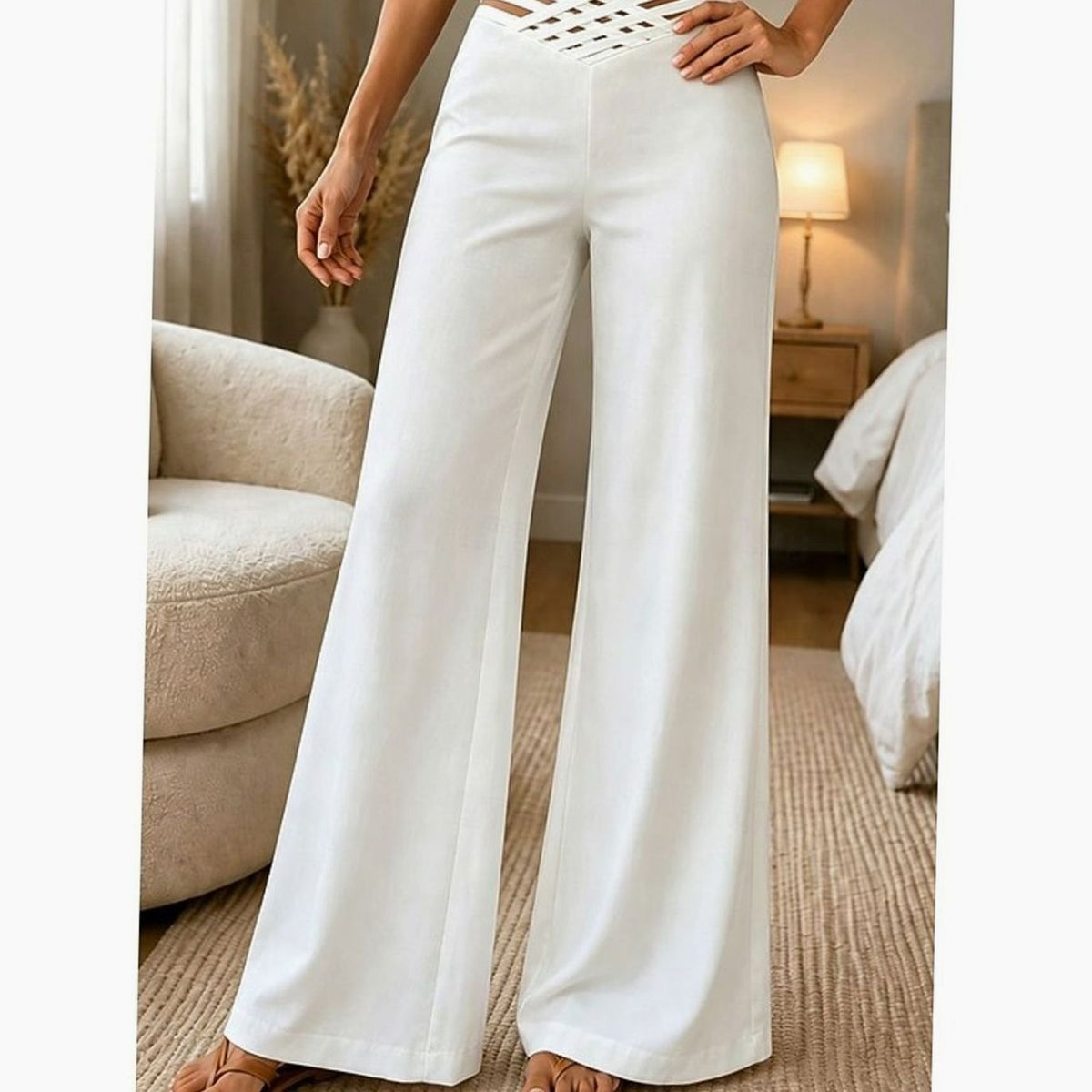 Women's High-Waist Crossover Wide-Leg Pull-On Pants - White