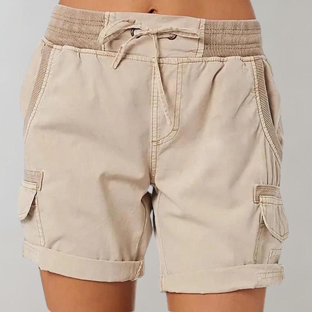 Women's High-Waist Drawstring Elastic-Waist Cargo Shorts - Beige