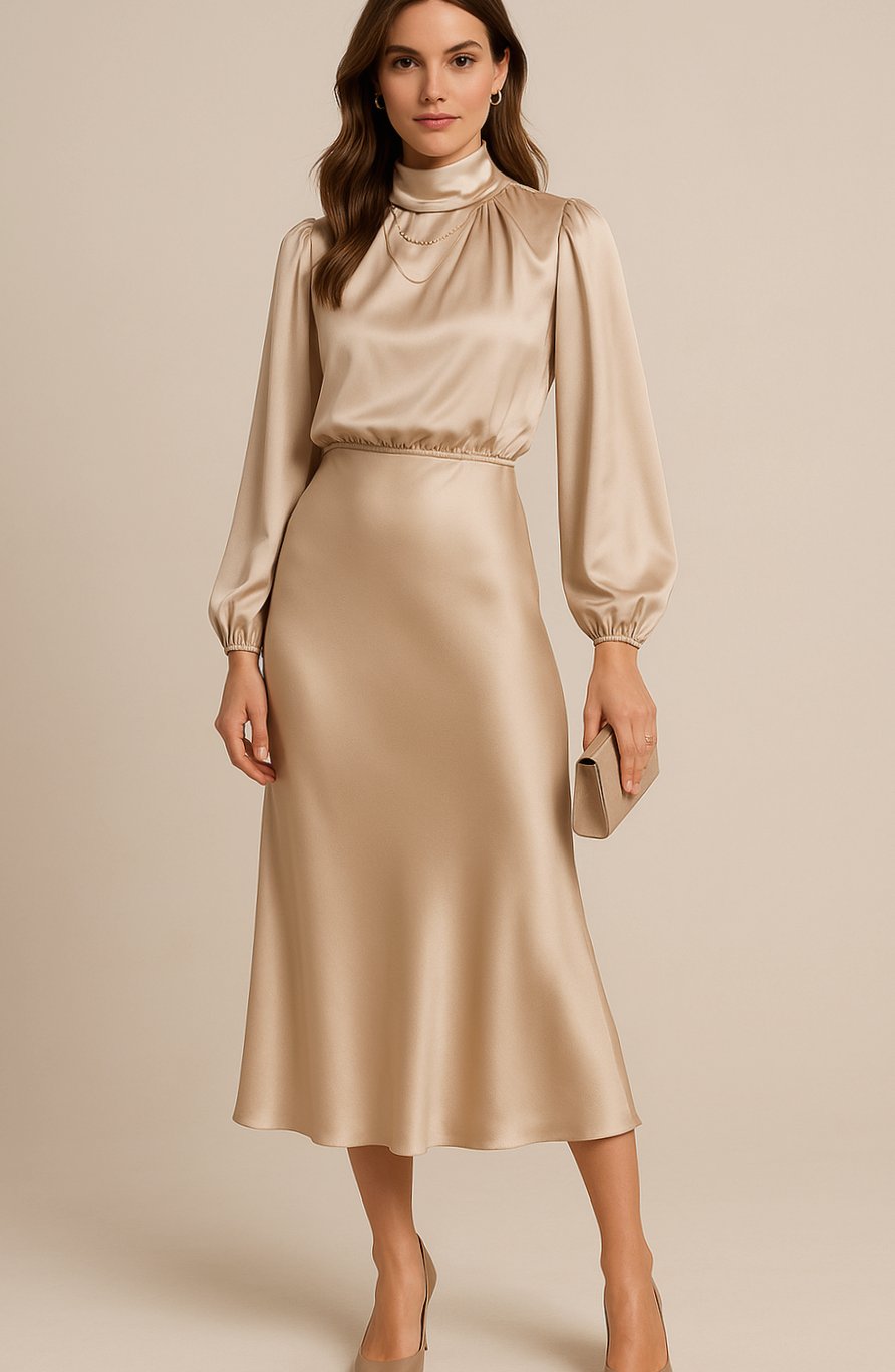 Women's High-Waist Mock-Neck Satin Balloon-Sleeve Midi Dress