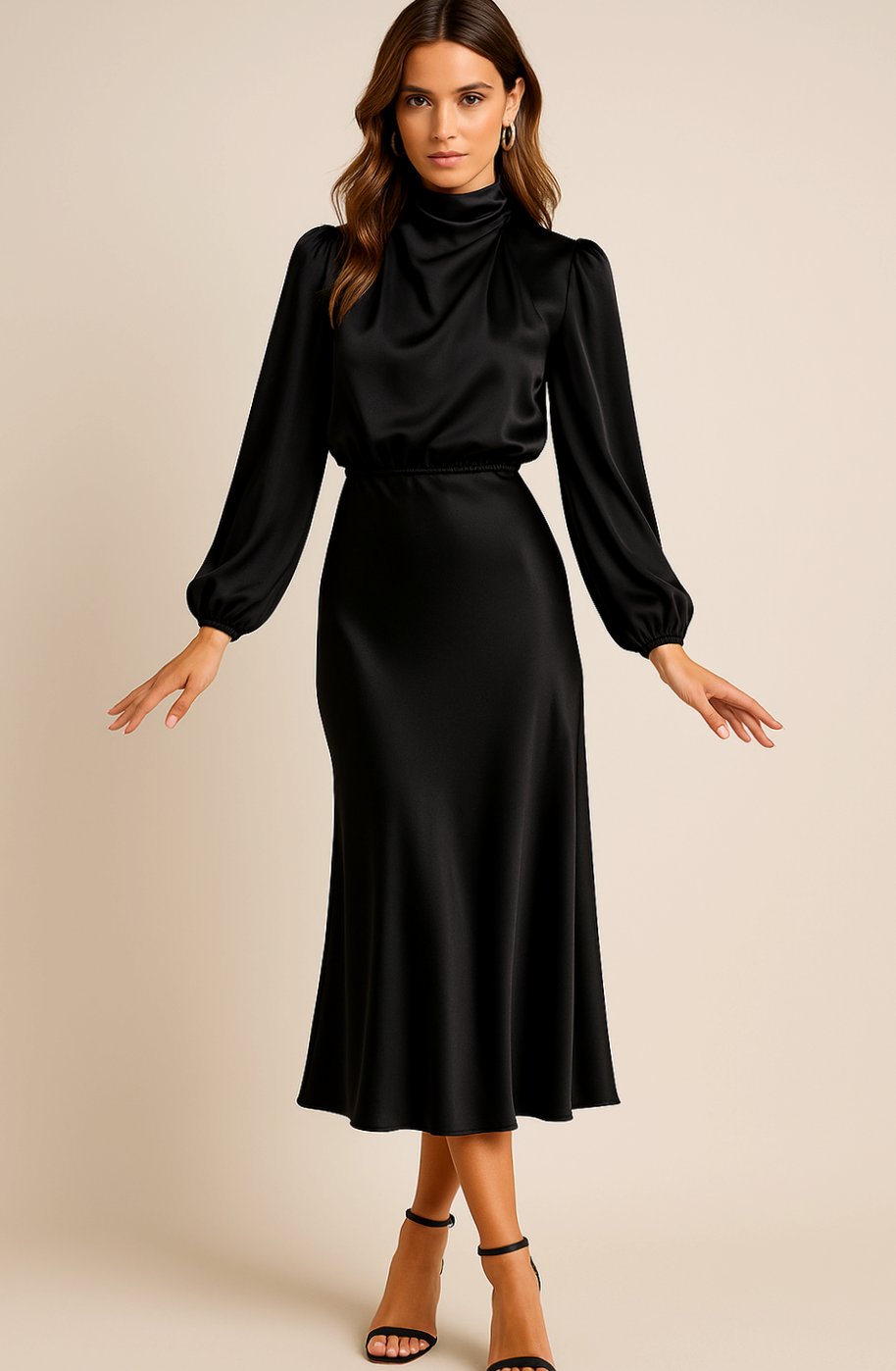 Women's High-Waist Mock-Neck Satin Balloon-Sleeve Midi Dress - Black