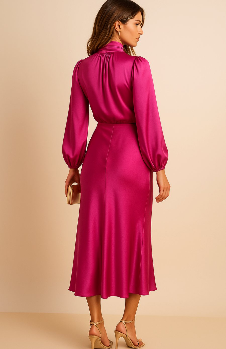 Women's High-Waist Mock-Neck Satin Balloon-Sleeve Midi Dress