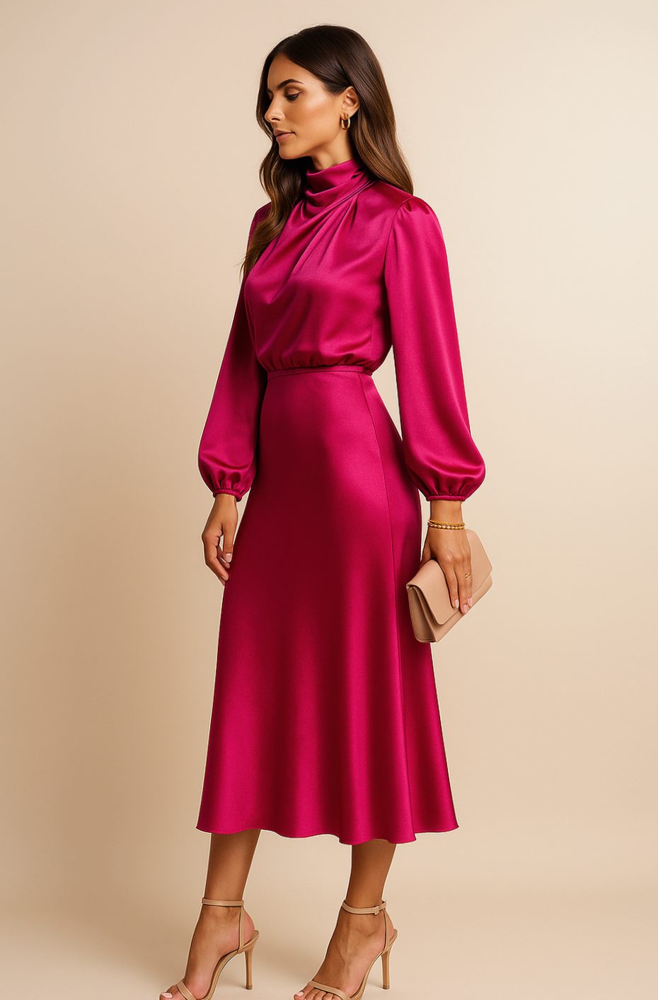 Women's High-Waist Mock-Neck Satin Balloon-Sleeve Midi Dress