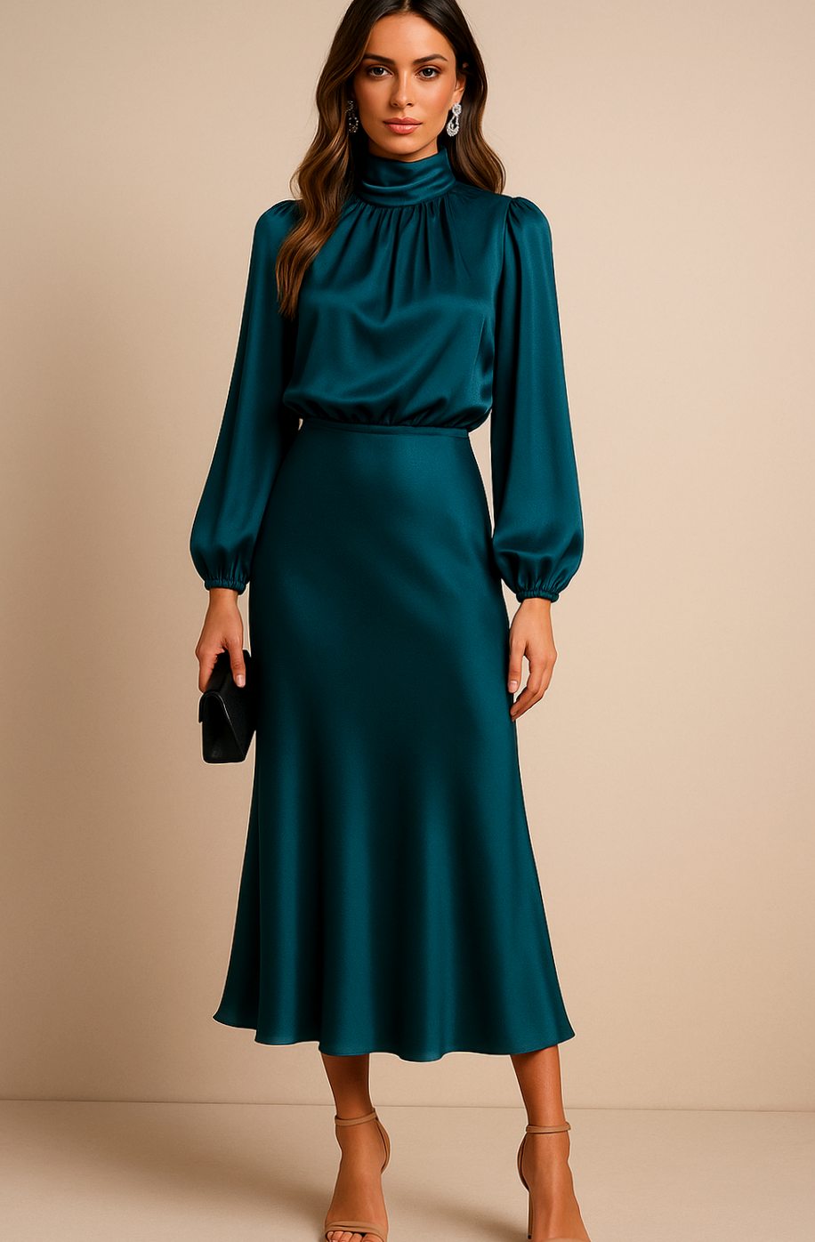 Women's High-Waist Mock-Neck Satin Balloon-Sleeve Midi Dress