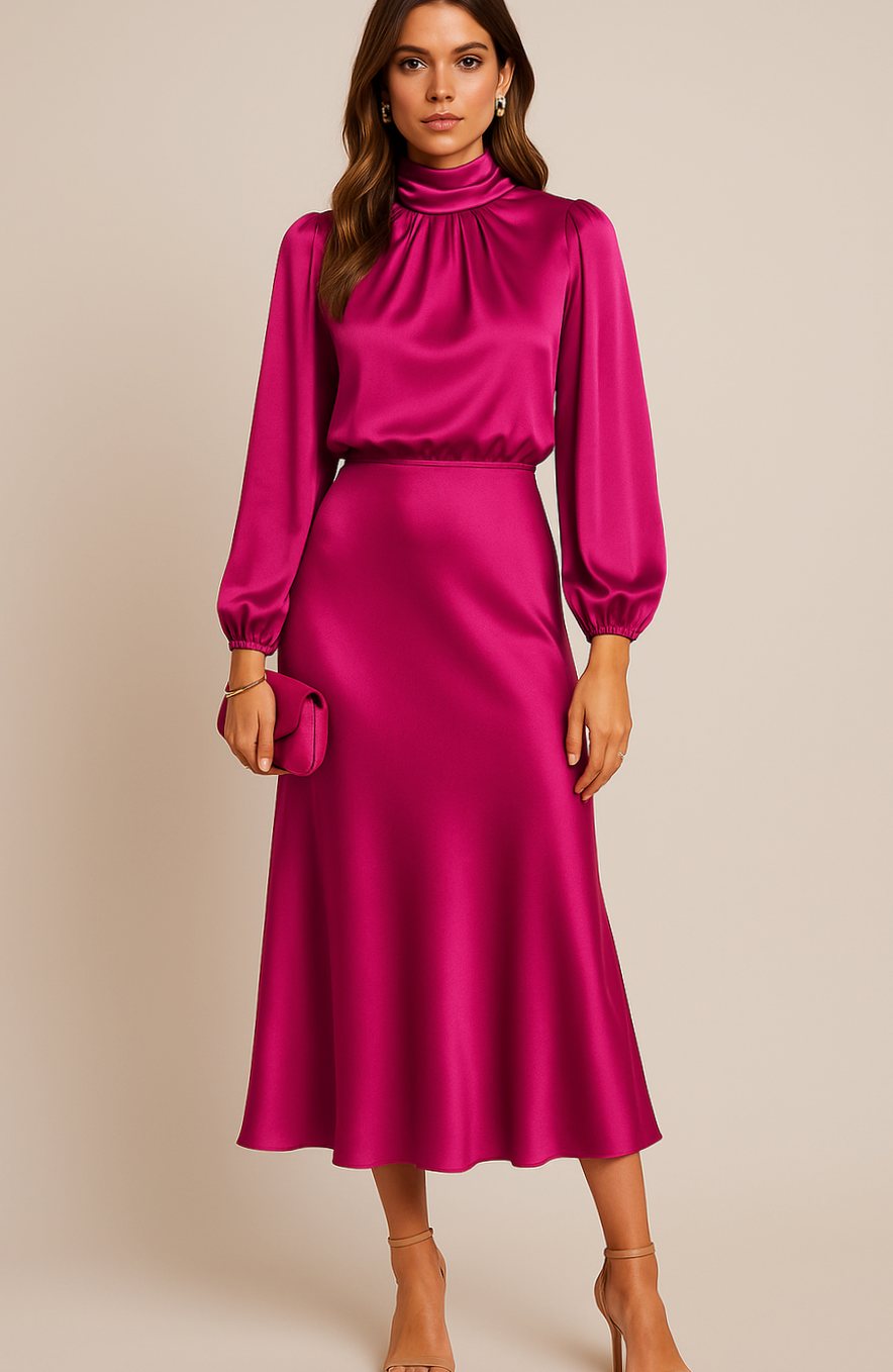 Women's High-Waist Mock-Neck Satin Balloon-Sleeve Midi Dress