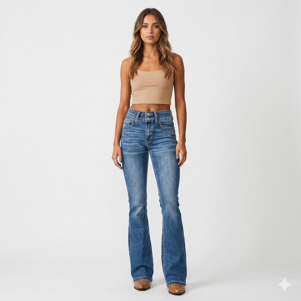 Women's High-Waist Sculpted Flare Jeans Full Length Denim - Blue
