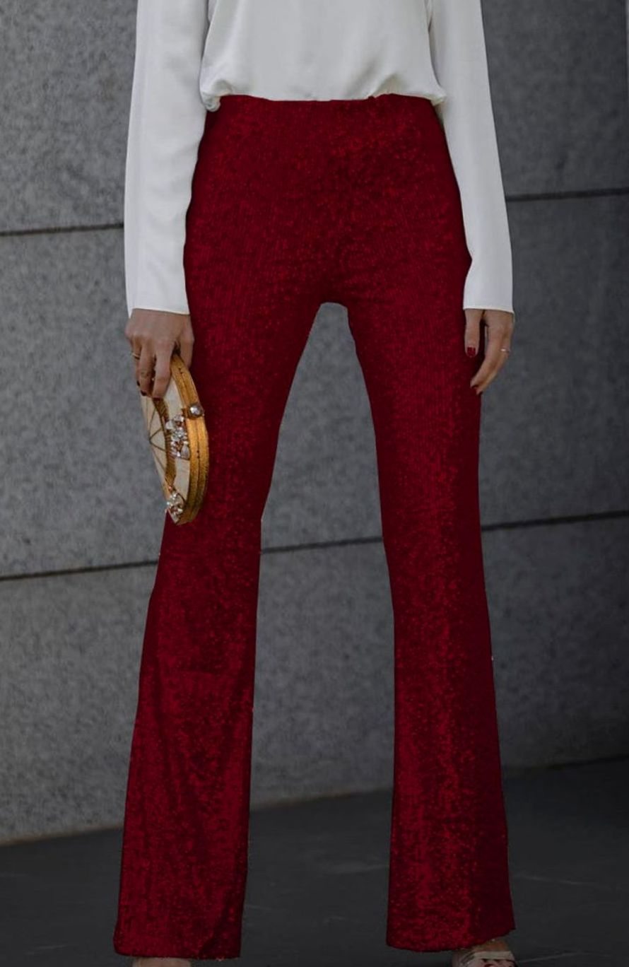 Women's High-Waist Sequin Flared Trousers Party Evening Wear - Wine Red