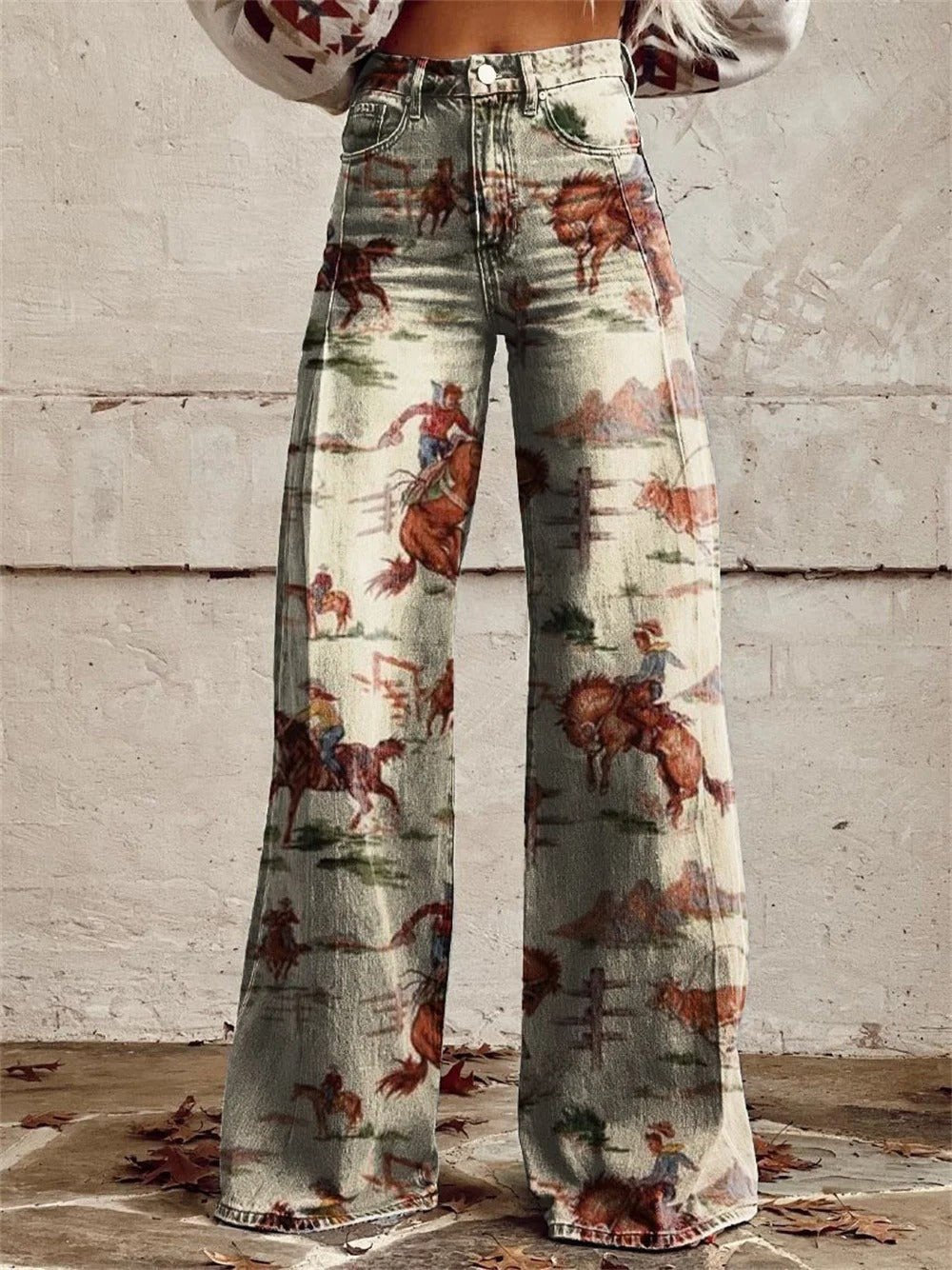 Women's High-Waist Vintage Western Print Wide-Leg Trousers - Beige
