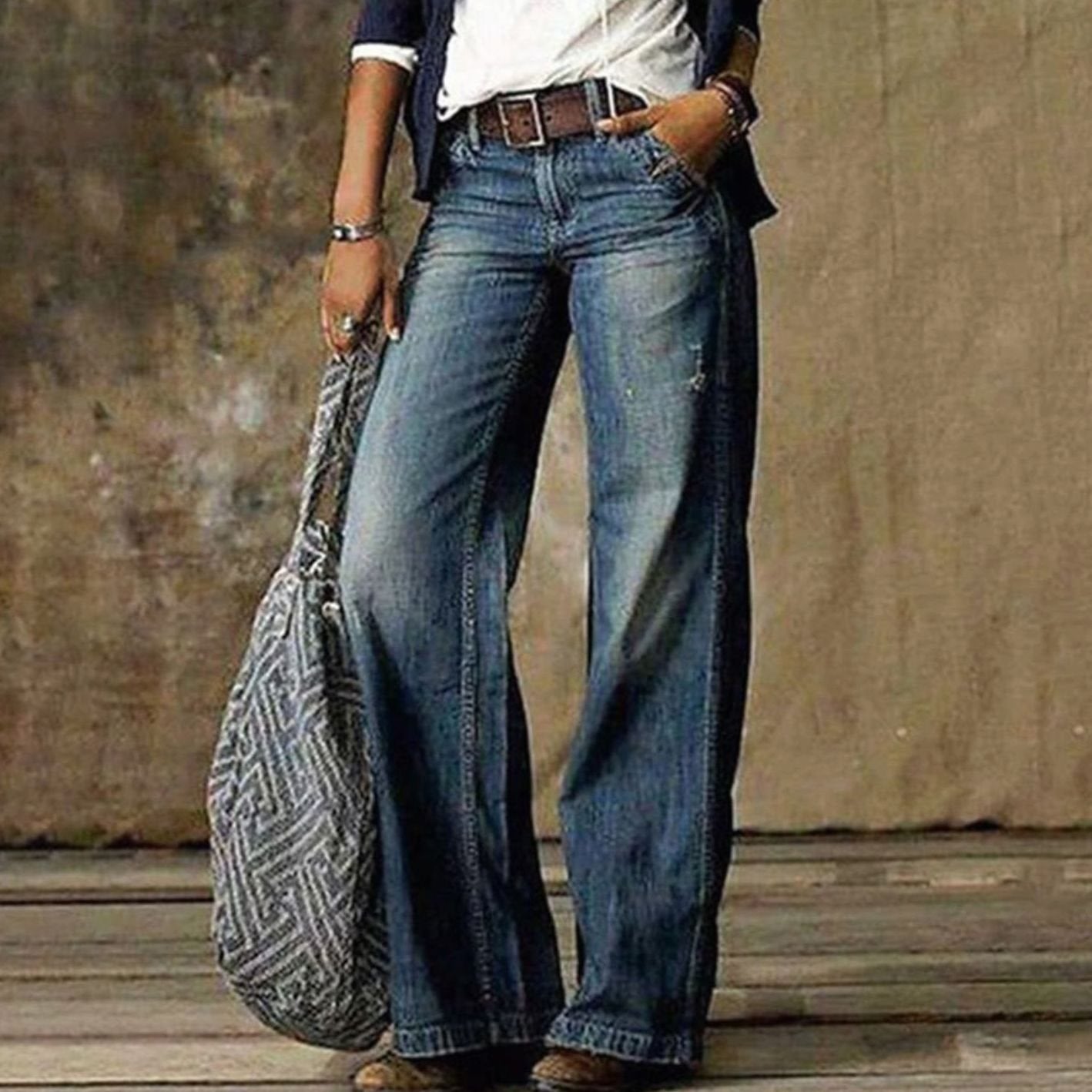 Women's High-Waist Wide-Leg Jeans Relaxed Fit Denim Trousers - Blue