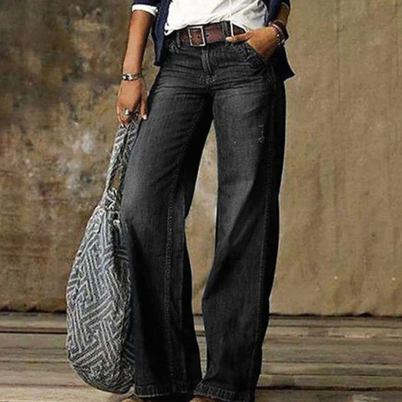 Women's High-Waist Wide-Leg Jeans Relaxed Fit Denim Trousers - Grey