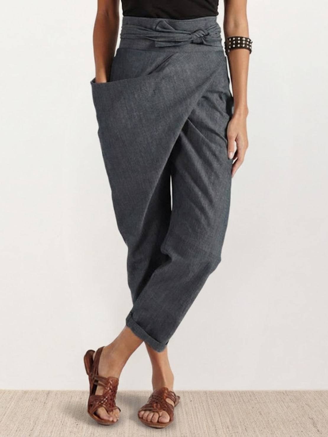 Women's High-Waist Wrap-Front Cropped Tapered Trousers - Gray