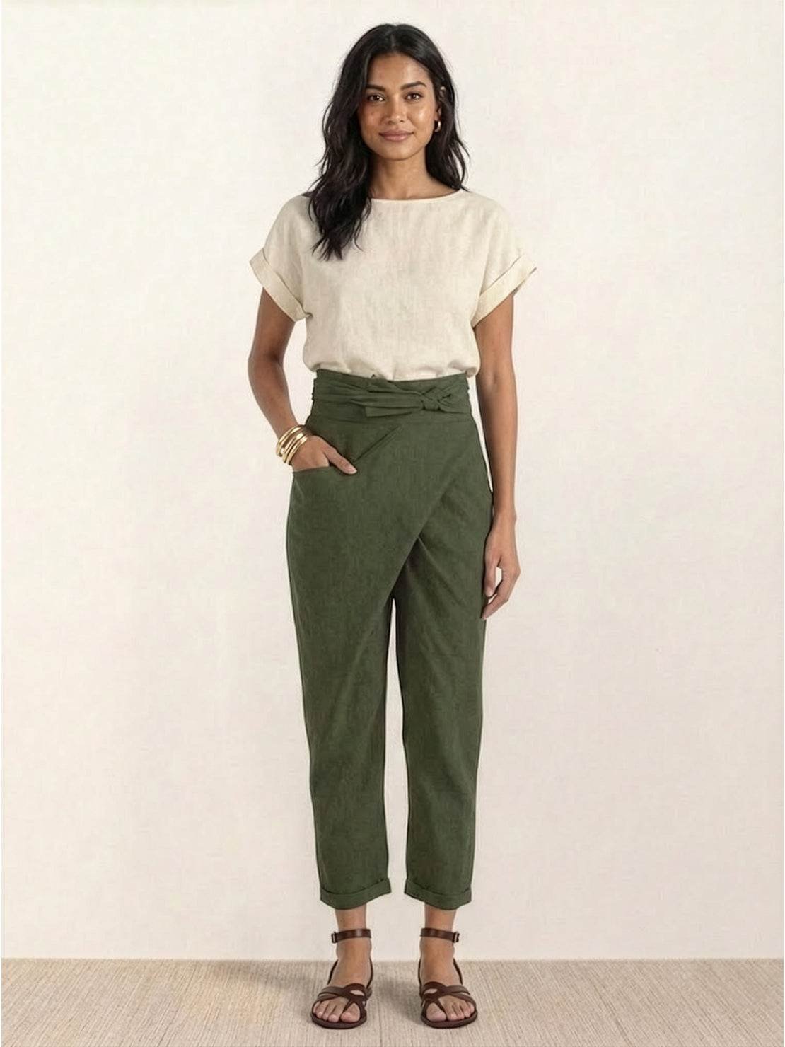 Women's High-Waist Wrap-Front Cropped Tapered Trousers