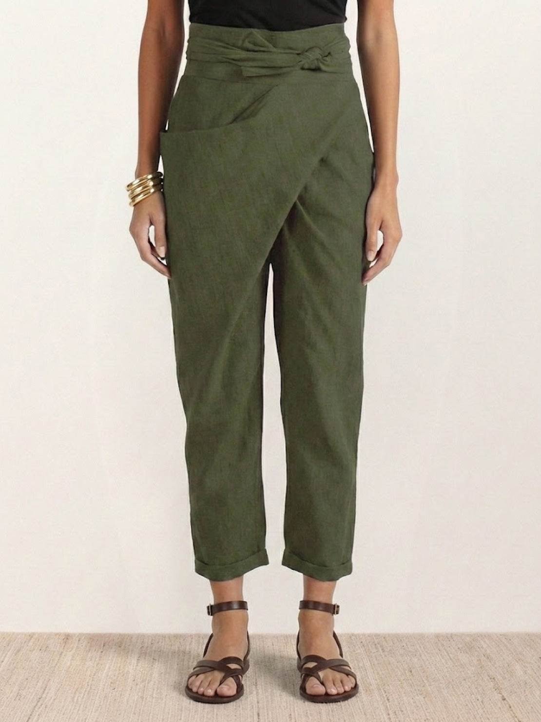 Women's High-Waist Wrap-Front Cropped Tapered Trousers - Army Green