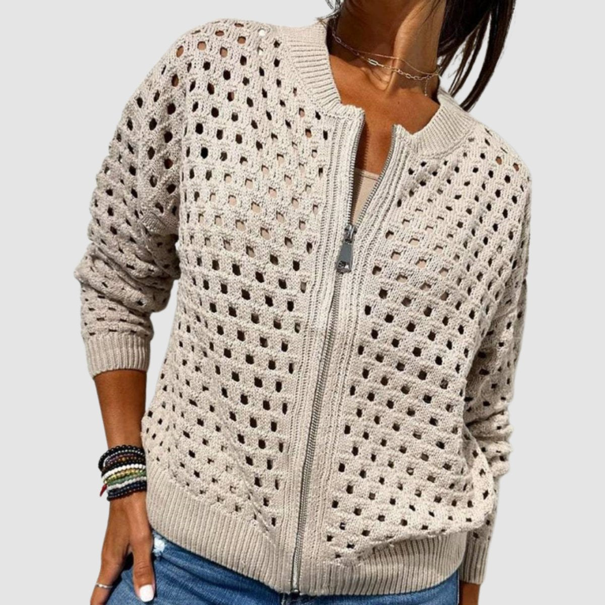 Women's Hollow-Knit Zip-Up Relaxed Cardigan - Beige
