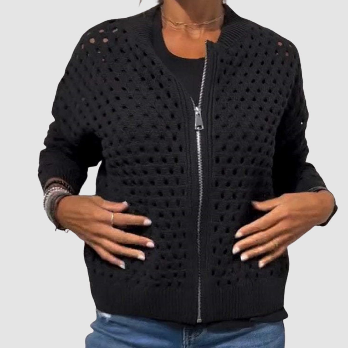 Women's Hollow-Knit Zip-Up Relaxed Cardigan - Black