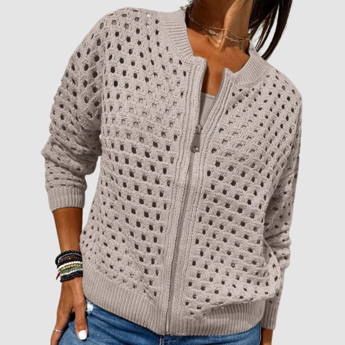 Women's Hollow-Knit Zip-Up Relaxed Cardigan - Khaki