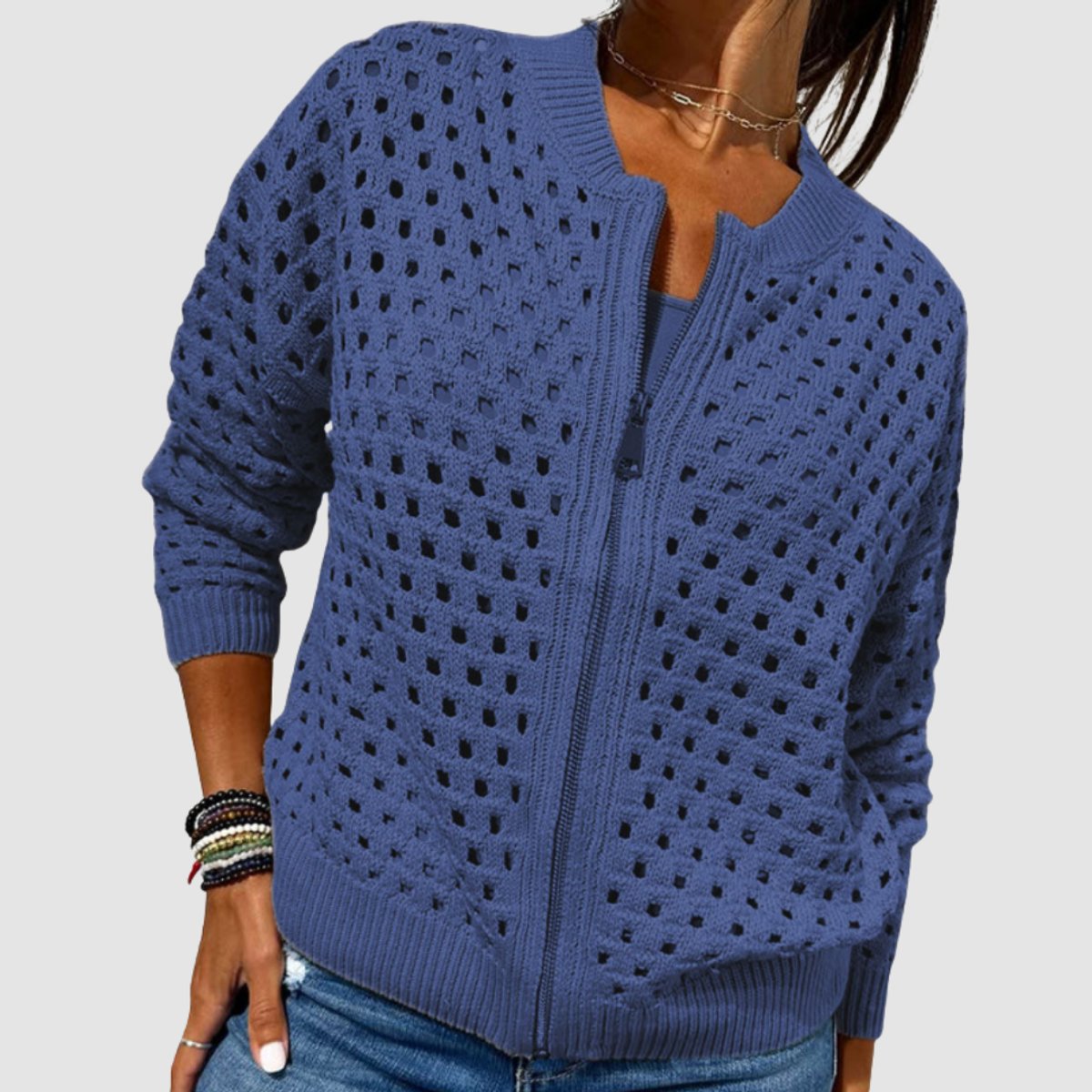 Women's Hollow-Knit Zip-Up Relaxed Cardigan - Blue