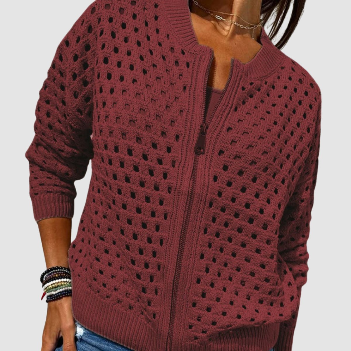 Women's Hollow-Knit Zip-Up Relaxed Cardigan - Burgundy