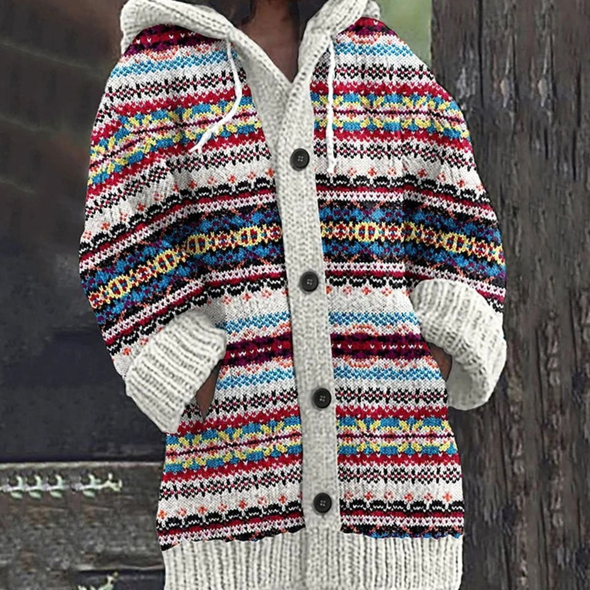 Women's Hooded Fair Isle Knit Button-Up Cardigan - Multicolour