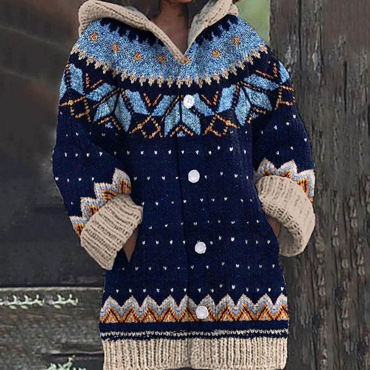Women's Hooded Fair Isle Knit Button-Up Cardigan - Blue