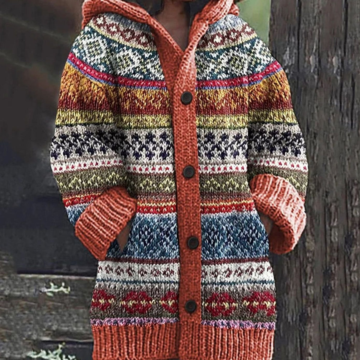 Women's Hooded Fair Isle Knit Button-Up Cardigan - Orange