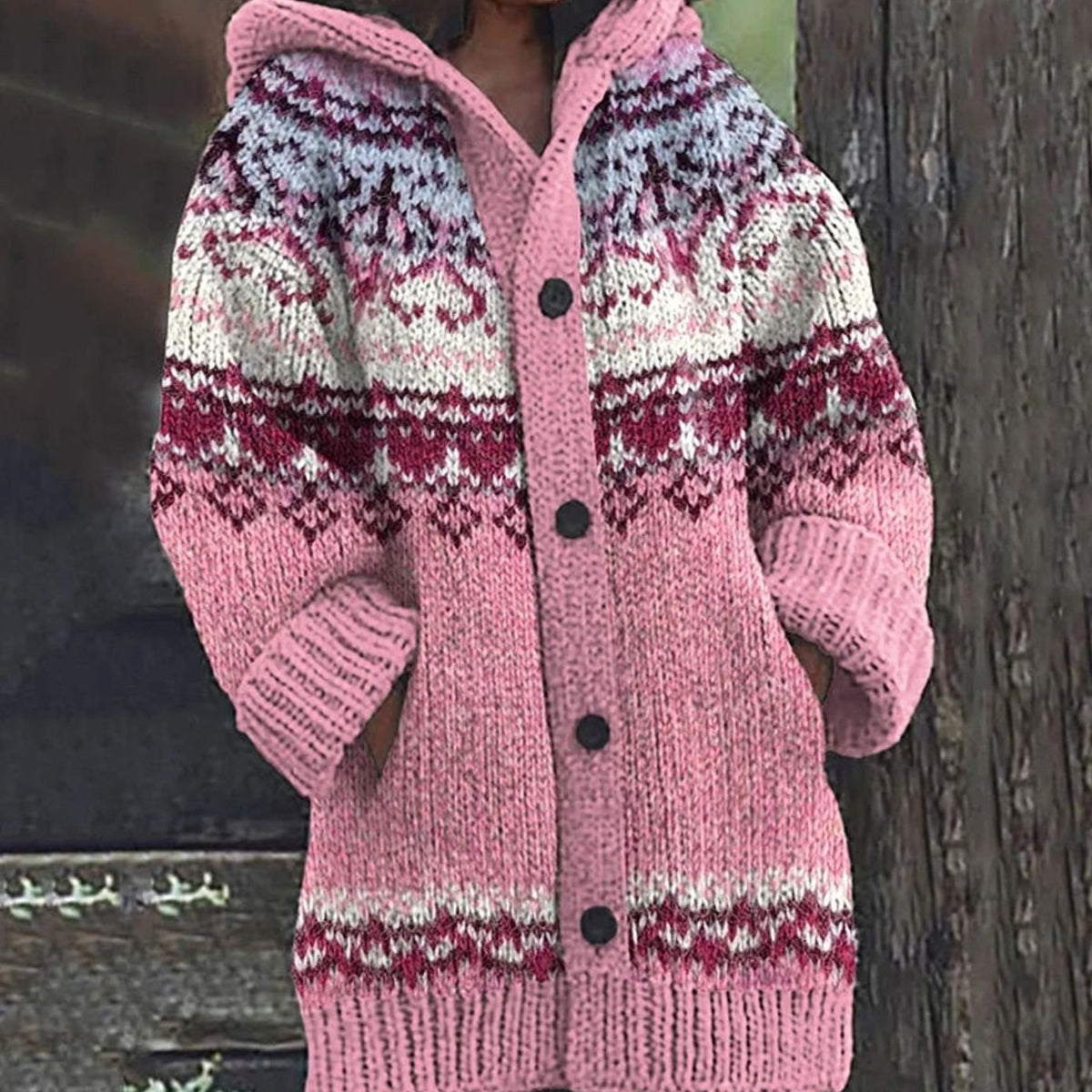 Women's Hooded Fair Isle Knit Button-Up Cardigan - Pink