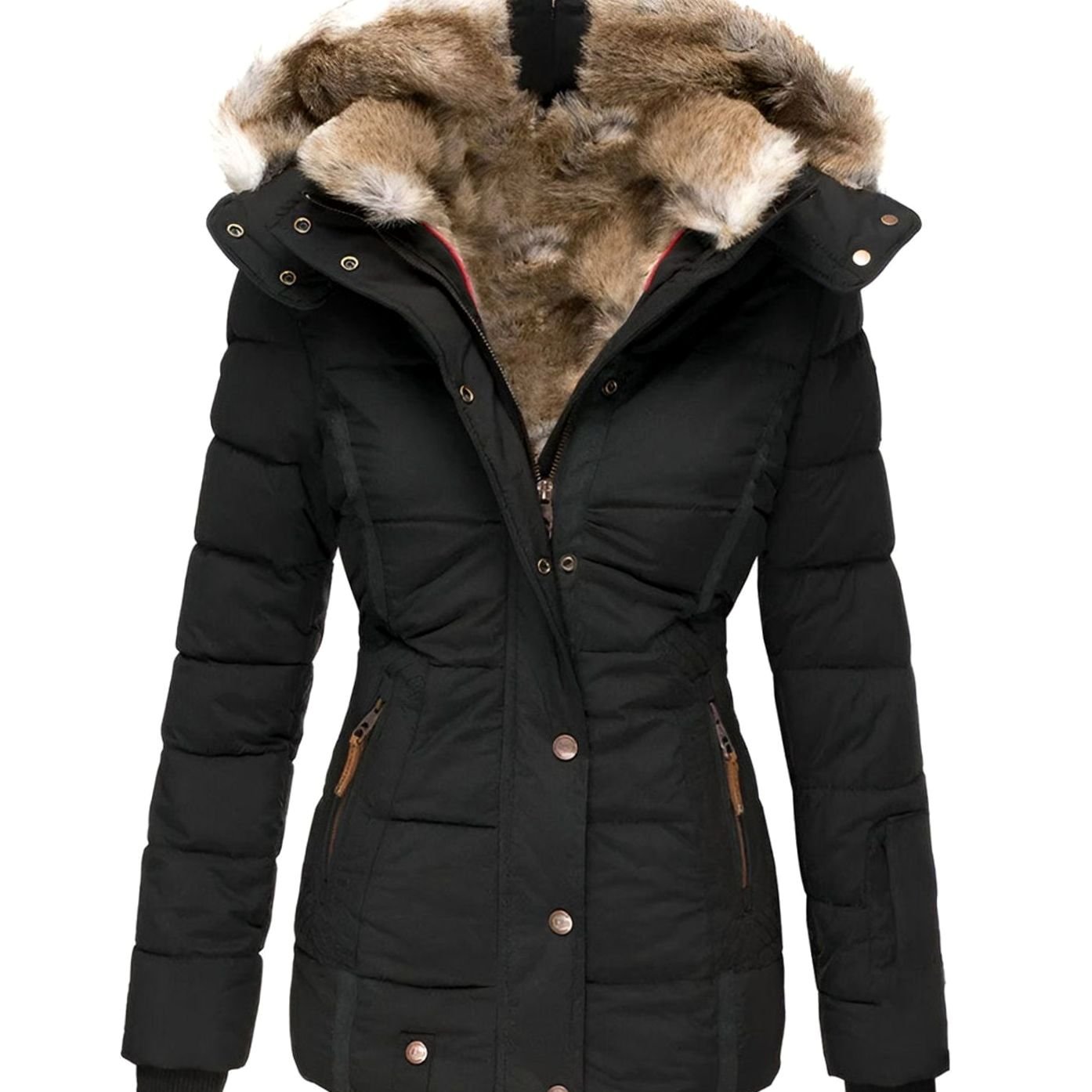 Women's Hooded Faux Fur Trim Quilted Puffer Jacket - Black