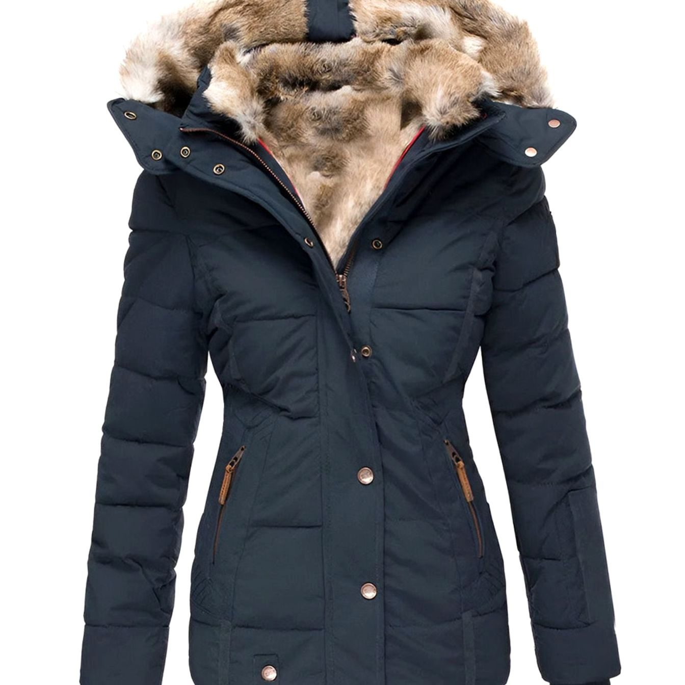Women's Hooded Faux Fur Trim Quilted Puffer Jacket - Navy Blue