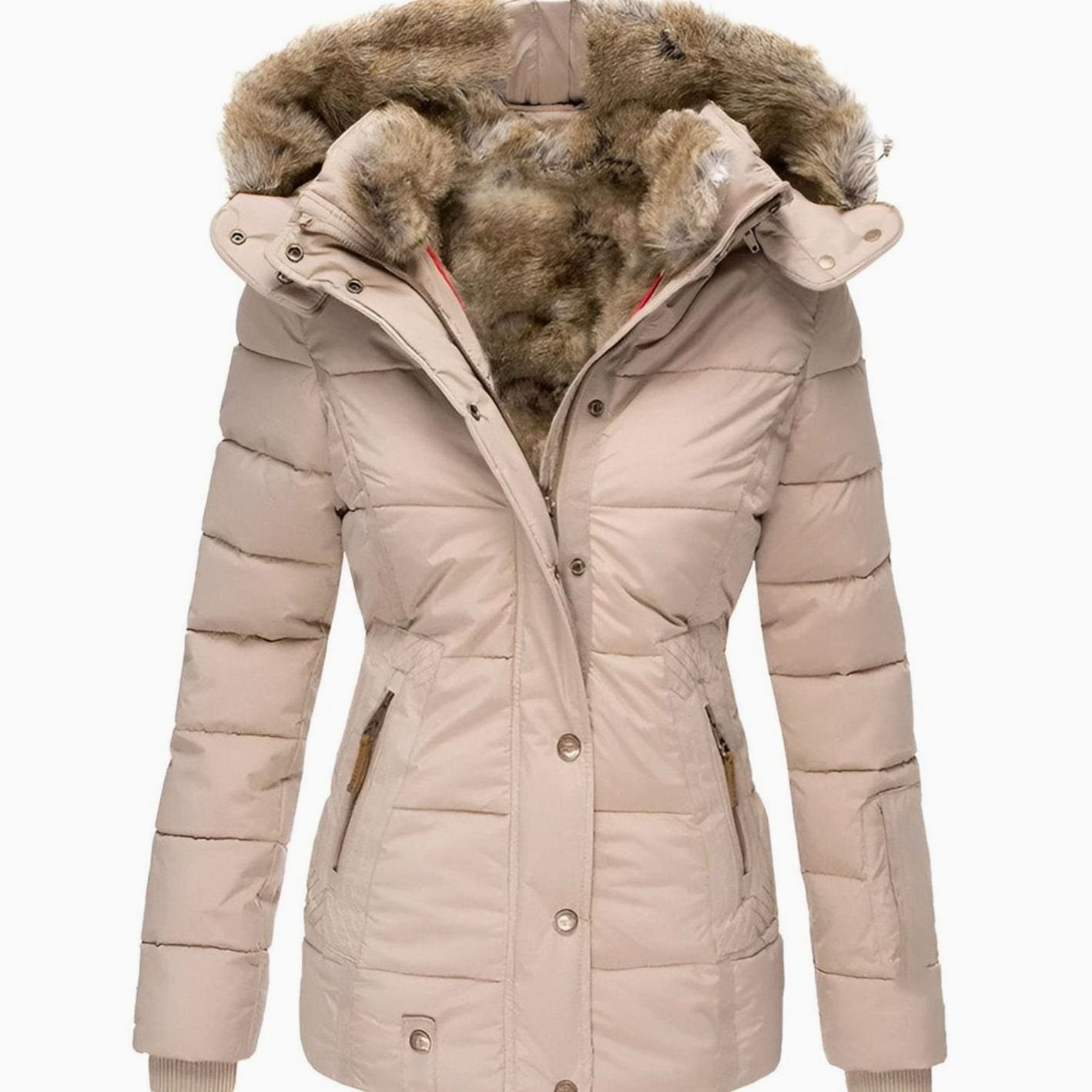 Women's Hooded Faux Fur Trim Quilted Puffer Jacket - Beige