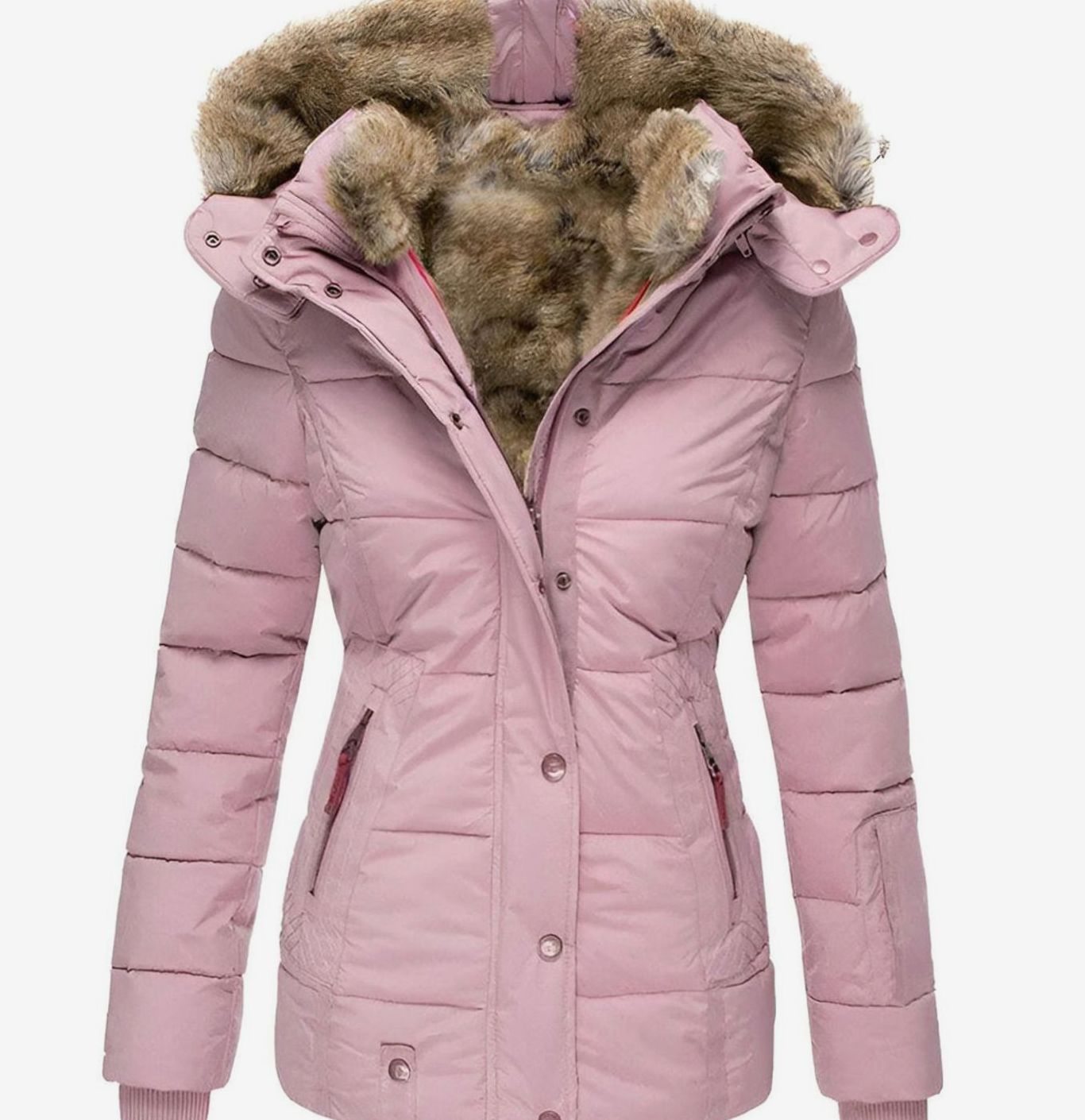 Women's Hooded Faux Fur Trim Quilted Puffer Jacket - Pink