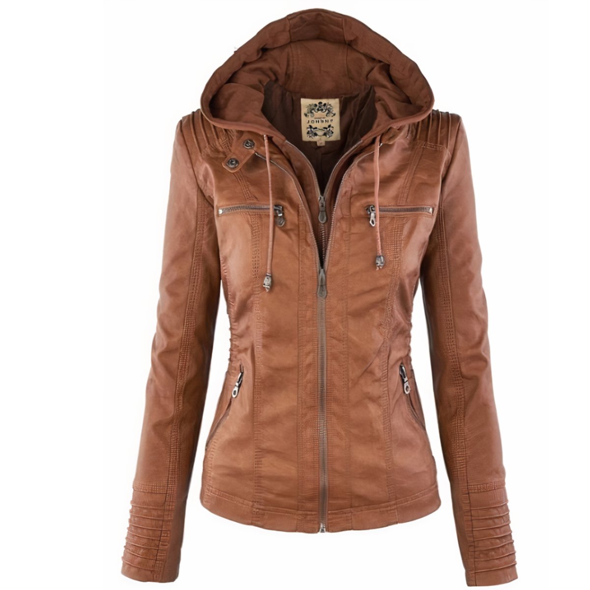 Women's Hooded Faux Leather Biker Jacket Removable Hood - Brown