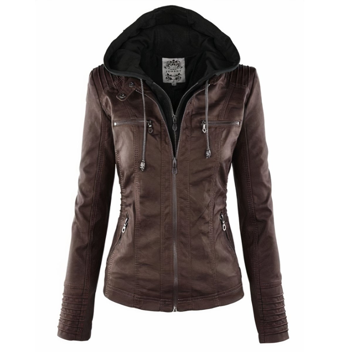 Women's Hooded Faux Leather Biker Jacket Removable Hood - Dark Brown