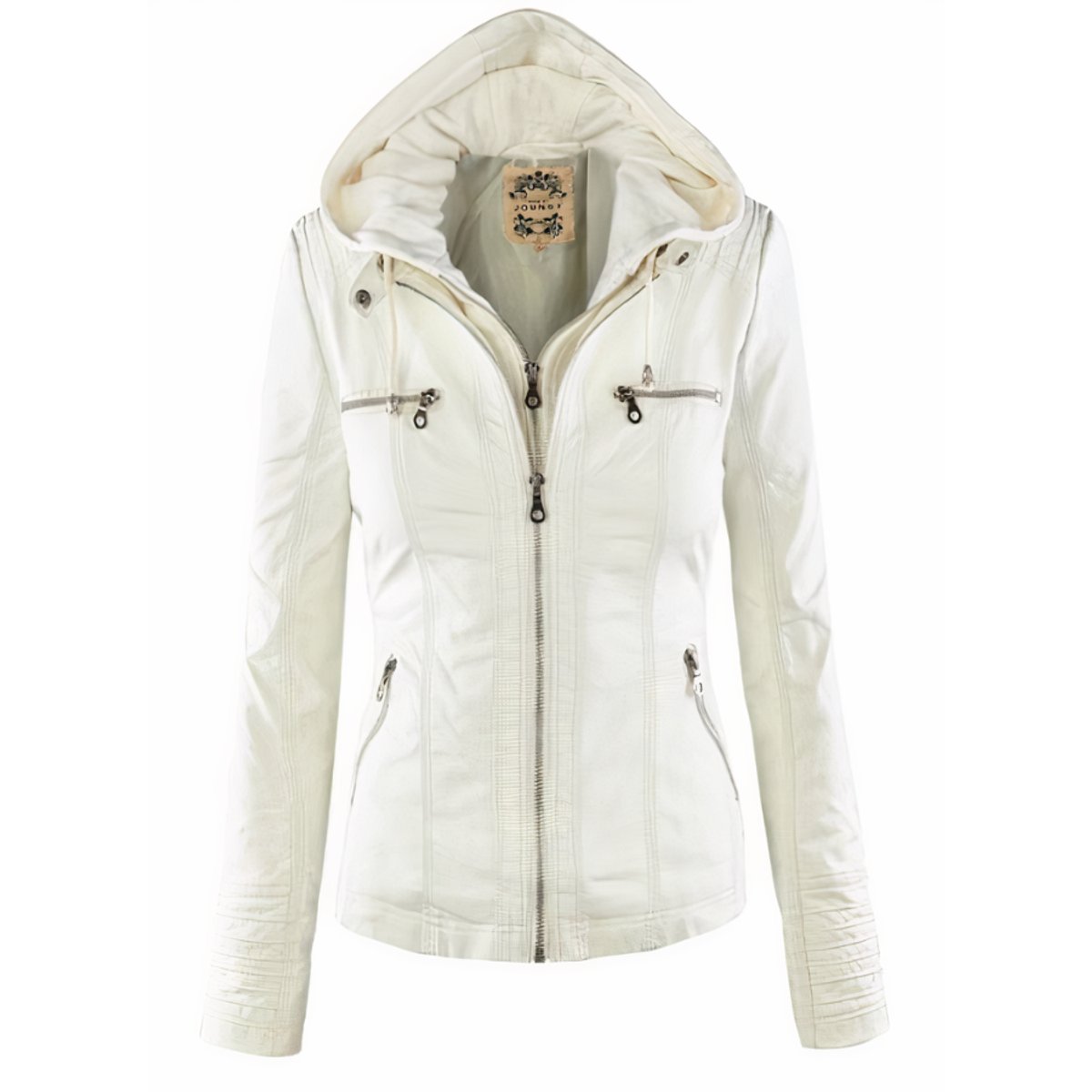 Women's Hooded Faux Leather Biker Jacket Removable Hood - White