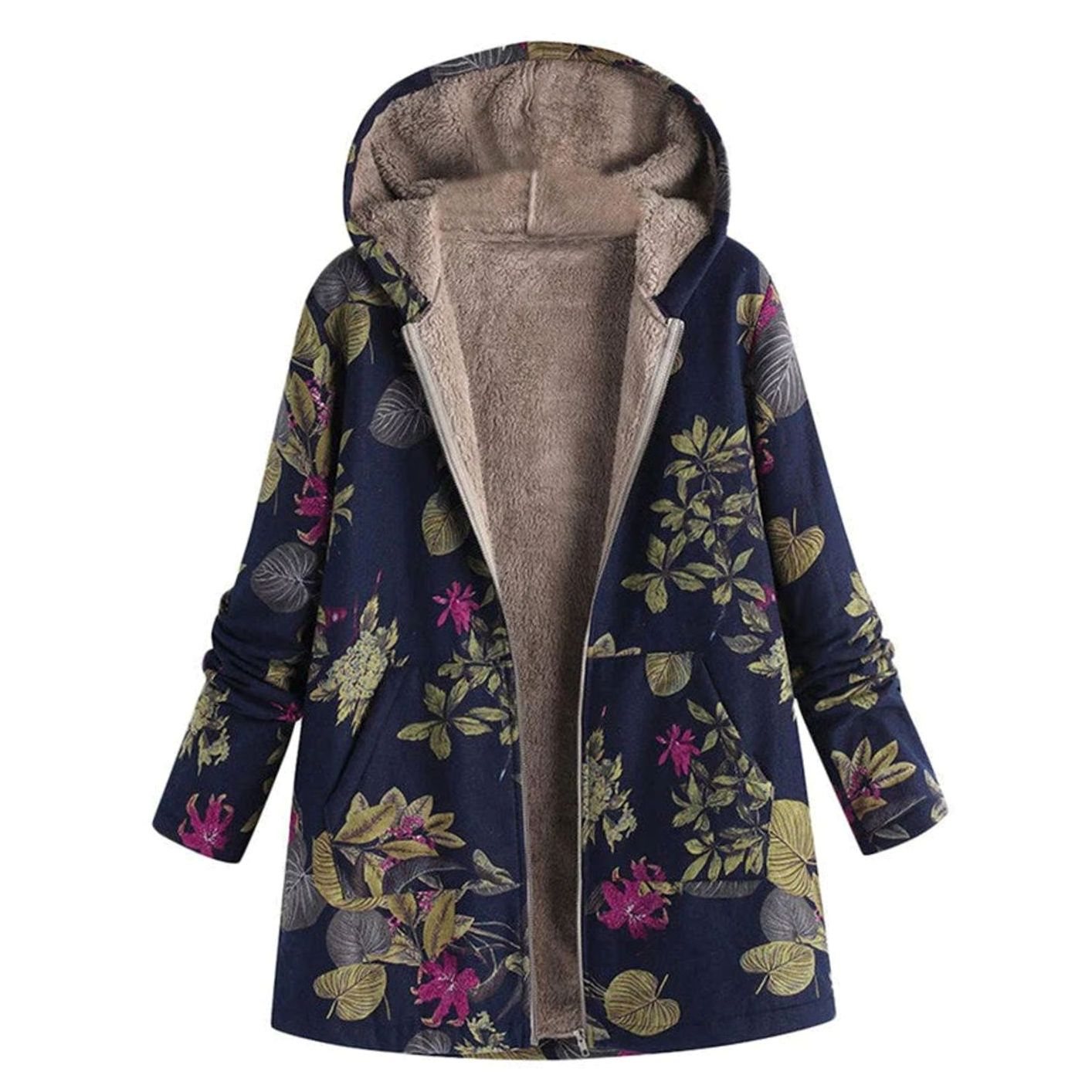 Women's Hooded Fleece-Lined Winter Floral Coat - Blue