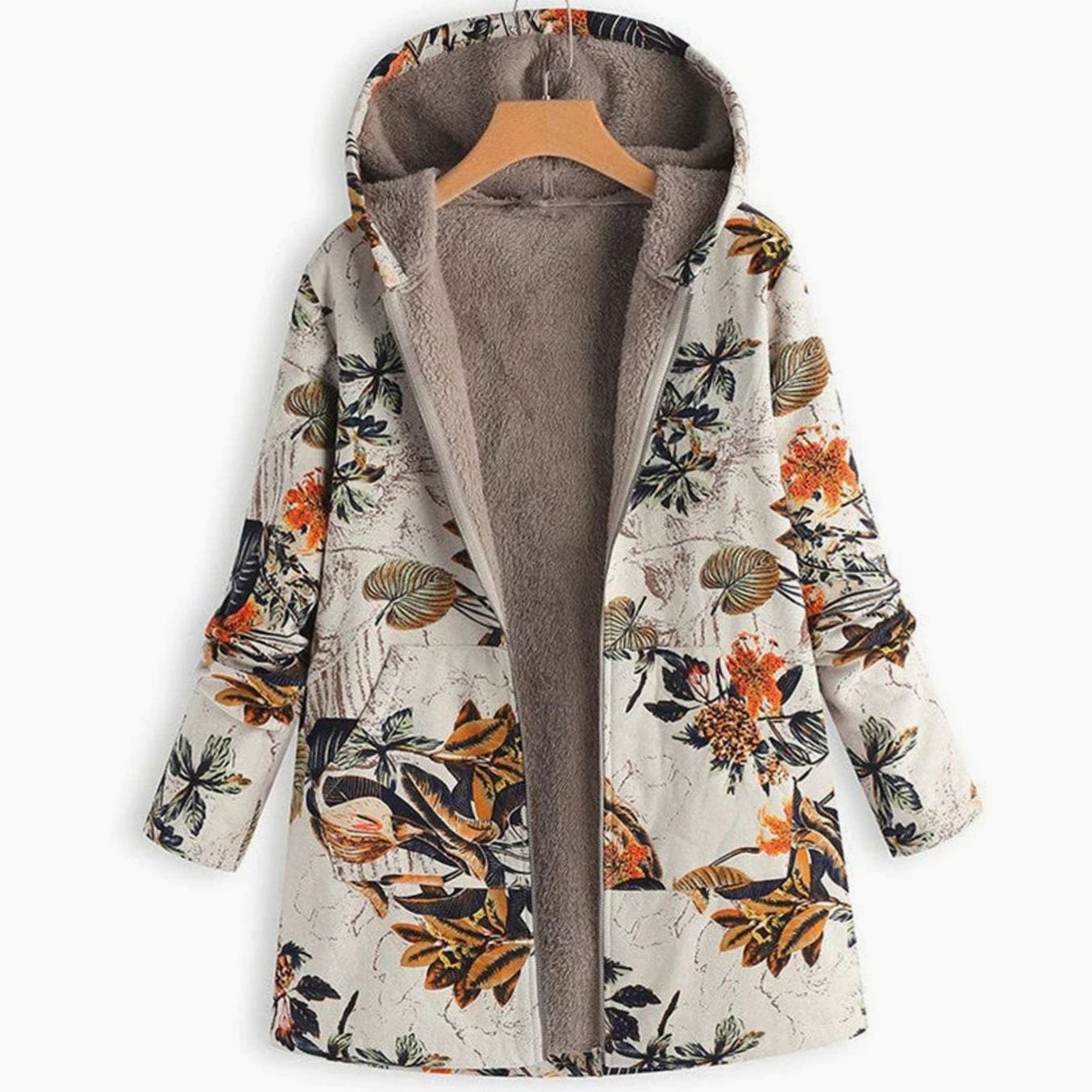 Women's Hooded Fleece-Lined Winter Floral Coat - Beige